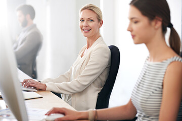 Aufkleber - Portrait, smile and woman, creative designer and professional in company office. Face, entrepreneur and web design worker on computer coworking, happiness and success mindset in business startup.