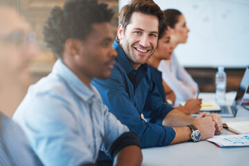 Aufkleber - Portrait, happy and a business man in the boardroom with his team during a meeting for planning. Smile, strategy or collaboration with a male employee and colleagues in the office for a seminar