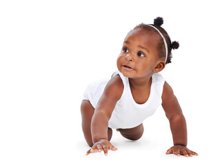 isolated, baby crawling and against a white background on the floor. childhood or milestone, child d
