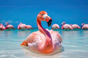 Wall Mural - sunbathing flamingo with generative  ai