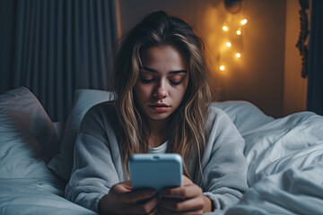 life apathy. unmotivated young woman in bed staring at smartphone screen, suffer from sleep desorder