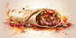 Fresh grilled donner, shawarma beef wrap roll, ingredients flying around, illustration concept - Generative AI
