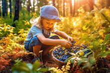 Girl Picking Blueberries In The Forest, Generative AI