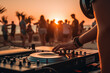 Dj mixing outdoor at beach party festival with crowd of people at sunset. Generative ai