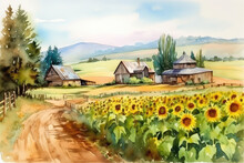 Farm With Sunflowers, Watercolor Painting By Hand, Generative AI