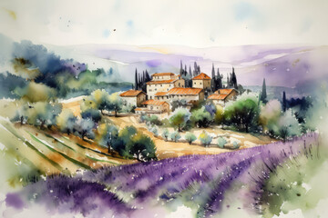 Wall Mural - watercolor painting created by hand of a stunning Italian landscape, generative AI