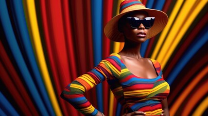 Young african female model posing with trendy fashion outfit and colorful vibrant orange optical art abstract background. Picturesque generative AI