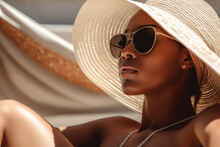 A Beautiful Black Woman In A Hat And Sunglasses Lies On A Sun Lounger By The Pool. Photorealistic Illustration Generative AI.