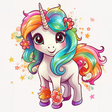 A Cute Unicorn With Colorful Hair And A Flower, Creepy Cute Creatures Everywhere, Powerful Radiant Confident Vibe, Just A Cute Little Thing, Glittering Light, Long Hair, Generative Ai