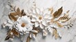 White and gold flowers and leaves on a marble background. Exquisite wedding texture for card, celebration, invitation, wallpaper.  Delicate floral illustration. Generative AI. 