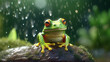 雨の中考え事をする蛙 Frog thinking about something in rain. Created by generative AI
