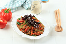 Japchae Or Chap Chae, Korean Glass Noodle Dish With Beef Bulgogi