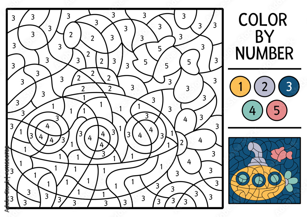 Vector under the sea color by number activity with submarine and fish ...