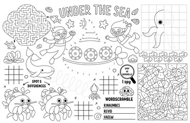 Wall Mural - Vector under the sea placemat for kids. Ocean life printable activity mat with maze, tic tac toe charts, connect the dots, find difference. Underwater black and white play mat or coloring page.