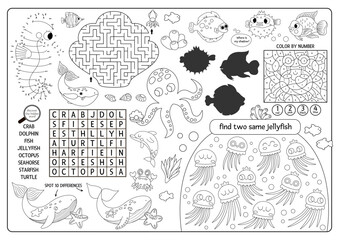 Wall Mural - Vector under the sea placemat. Ocean life line printable activity mat with maze, word search puzzle, shadow match, find difference. Underwater black and white play mat, menu, coloring page.