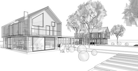 house architectural project sketch 3d illustration