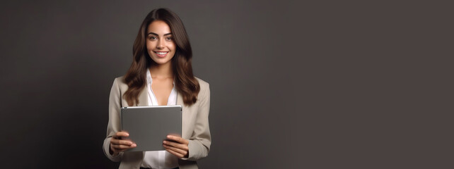 Young happy business woman using tablet device. Generative AI