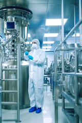 Biotechnology production facility, pharma. Clean production room with worker in protective suit. Generative AI image.