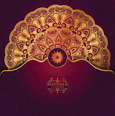 Wall Mural - Golden Luxury Religious Mandala Greeting Square Card Design With Red  Abatract Background 