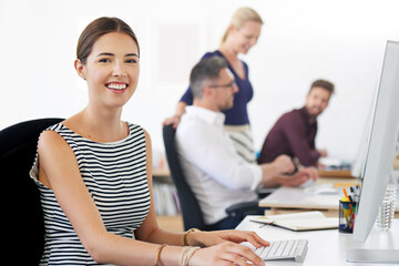 Aufkleber - Smile, portrait and business woman, designer or creative in startup company. Face, happy entrepreneur and web design professional from Australia with pride for career, success mindset and coworking.