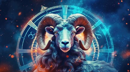 Wall Mural - Astrology calendar. Aries magical zodiac sign astrology. Esoteric horoscope and fortune telling concept. Aries zodiac in universe. Generative AI