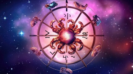 Wall Mural - Astrology calendar. Crab magical zodiac sign astrology. Esoteric horoscope and fortune telling concept. CANCER zodiac in universe. Generative AI