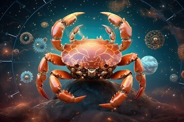 Wall Mural - Astrology calendar. Crab magical zodiac sign astrology. Esoteric horoscope and fortune telling concept. CANCER zodiac in universe. Generative AI