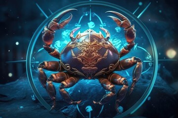 Wall Mural - Astrology calendar. Crab magical zodiac sign astrology. Esoteric horoscope and fortune telling concept. CANCER zodiac in universe. Generative AI