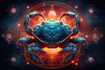 Wall Mural - Astrology calendar. Crab magical zodiac sign astrology. Esoteric horoscope and fortune telling concept. CANCER zodiac in universe. Generative AI