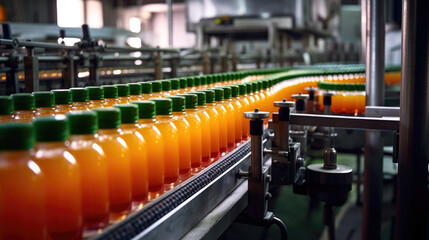 Conveyor in the production of juice, sweet water, orange bottles in the factory, natural product. generated ai.