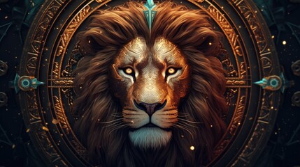 Wall Mural - Astrology calendar. Leo magical zodiac sign astrology. Esoteric horoscope and fortune telling concept. Leo zodiac in universe. Generative AI