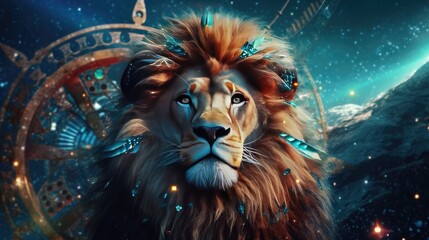 Wall Mural - Astrology calendar. Leo magical zodiac sign astrology. Esoteric horoscope and fortune telling concept. Leo zodiac in universe. Generative AI