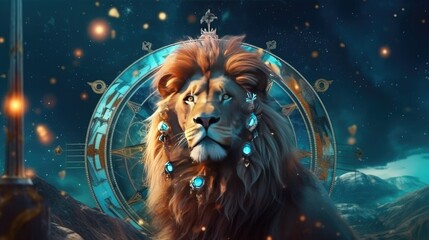 Wall Mural - Astrology calendar. Leo magical zodiac sign astrology. Esoteric horoscope and fortune telling concept. Leo zodiac in universe. Generative AI