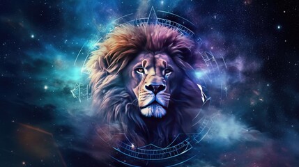 Wall Mural - Astrology calendar. Leo magical zodiac sign astrology. Esoteric horoscope and fortune telling concept. Leo zodiac in universe. Generative AI