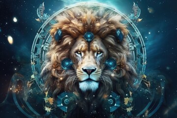 Wall Mural - Astrology calendar. Leo magical zodiac sign astrology. Esoteric horoscope and fortune telling concept. Leo zodiac in universe. Generative AI