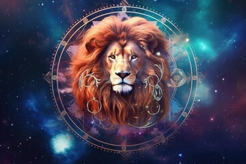 Wall Mural - Astrology calendar. Leo magical zodiac sign astrology. Esoteric horoscope and fortune telling concept. Leo zodiac in universe. Generative AI