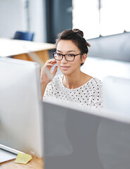 Fototapete - Thinking, computer and business woman in office for research, website and designer. Focus, entrepreneur and creative with female employee in digital agency for technology, professional and startup