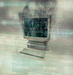 Poster - Smoke, computer problem and code overlay with no people and broken screen with burning. Isolated, white background and double exposure with issue from pc virus, cyber burnout and system overload