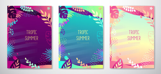 Wall Mural - Set of colorful gradient summer banners with fluorescent tropic leaves. Summertime template collection. Vector illustration