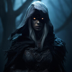 A Female Wizard With White Hair and Glowing Eyes Wearing a Hood Generative AI