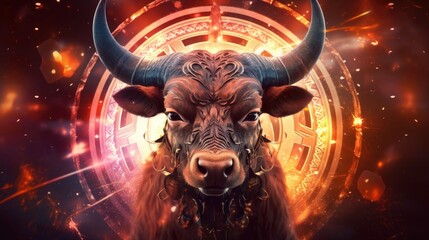 Wall Mural - Astrology calendar. Taurus magical zodiac sign astrology. Esoteric horoscope and fortune telling concept. Taurus zodiac in universe. Generative AI