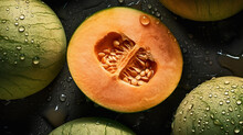 Fresh Ripe Cantaloupes With Water Drops Background. Fruits Backdrop. Generative AI