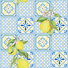 Seamless Pattern Of Watercolor Lemons, Leaves And Blue Tiles