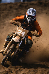 Poster - Dirt bike rider racing down a dirt track. Generative AI