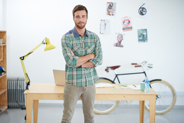Poster - Business man, portrait and arms crossed at creative startup with smile, confidence and modern office. Confidence, success and career mindset, happy male professional with ambition at advertising firm
