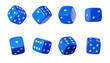 Eight blue dice with different numbers on white background