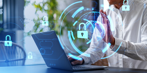 Poster - man with laptop in office, cybersecurity interface