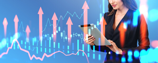 Poster - Woman with tablet, growing financial graphs