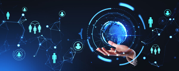 Poster - Businessman holding earth sphere, social network icons and connection