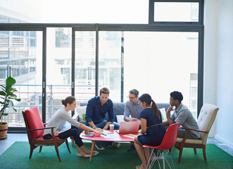 Poster - Creative, business people and staff in a meeting, planning and discussion for growth, writing project or collaboration. Writers group, team or partnership with ideas, startup success or brainstorming